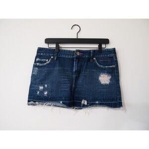 Vintage American Eagle Denim Mini Skirt Distressed Frayed Hem Rhinestone Details